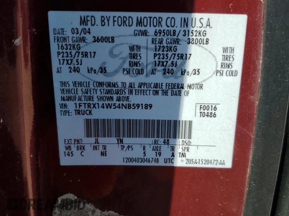 2004 Ford F-150 STX with VIN 1FTRX14W54NB59189, listed as a Copart auction lot 61457255 with 158,039 mi miles and Clean title. Bid and sale history available at DreamBid. Image 12.