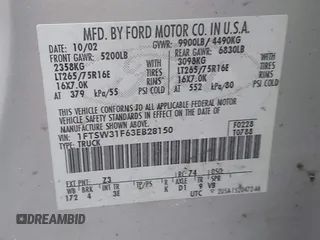2003 Ford F-350 XL z VIN 1FTSW31F63EB28150, wystawiony jako IAAI lot #41600324 z przebiegiem Nie podano mil oraz . Historia ofert i sprzedaży dostępna na DreamBid. Obrazek 9.