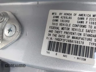 2011 Honda Accord LX with VIN 1HGCP2F38BA156579, listed as a IAAI auction lot 42622629 with 136,835 mi miles and . Bid and sale history available at DreamBid. Image 9.