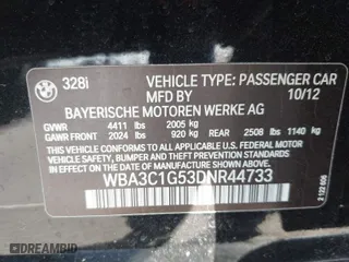 2013 BMW 3 Series 328i with VIN WBA3C1G53DNR44733, listed as a IAAI auction lot 41690337 with 129,704 mi miles. Bid and sale history available at carsss.com. Image 9.