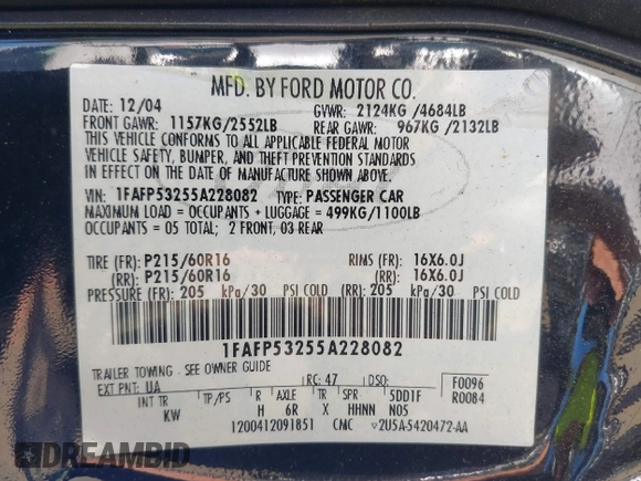 2005 Ford Taurus SE with VIN 1FAFP53255A228082, listed as a IAAI auction lot 42183671 with 95,382 mi miles and . Bid and sale history available at DreamBid. Image 9.