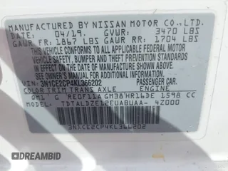 2019 Nissan Note SV with VIN 3N1CE2CP4KL366202, listed as a IAAI auction lot 42140654 with 55,274 mi miles and . Bid and sale history available at DreamBid. Image 9.