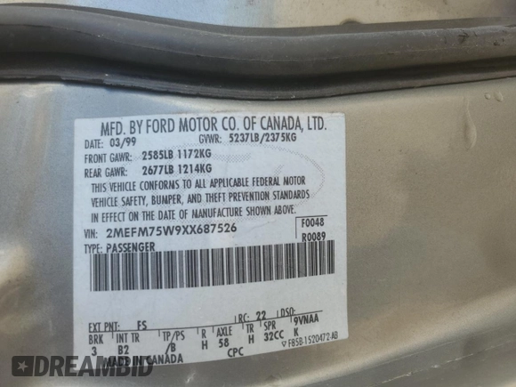 1999 Mercury Grand Marquis LS z VIN 2MEFM75W9XX687526, wystawiony jako Copart lot #51779995 z przebiegiem 196 466 mil mil oraz Szkoda całkowita • Salvage title. Historia ofert i sprzedaży dostępna na DreamBid. Obrazek 12.