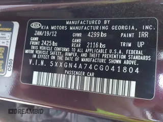 2012 Kia Optima EX with VIN 5XXGN4A74CG041804, listed as a IAAI auction lot 41152387 with 167,738 mi miles. Bid and sale history available at carsss.com. Image 9.