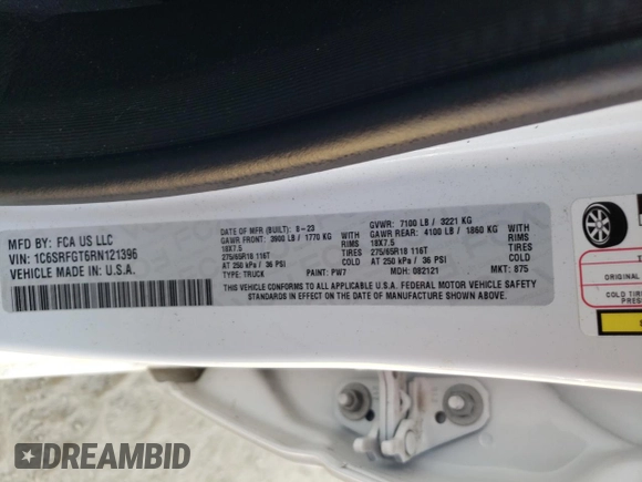 2024 Ram 1500 Tradesman z VIN 1C6SRFGT6RN121396, wystawiony jako Copart lot #75023444 z przebiegiem 25 517 mil mil oraz Szkoda całkowita • Salvage title. Historia ofert i sprzedaży dostępna na DreamBid. Obrazek 13.