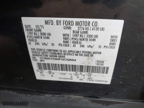 2015 Ford Explorer XLT with VIN 1FM5K7D80FGC02664, listed as a IAAI auction lot 41738494 with 174,192 mi miles. Bid and sale history available at carsss.com. Image 9.