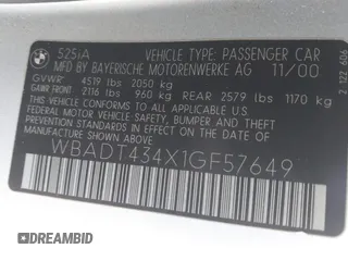 2001 BMW 5 Series 525i with VIN WBADT434X1GF57649, listed as a IAAI auction lot 41837825 with 183,635 mi miles and . Bid and sale history available at DreamBid. Image 9.