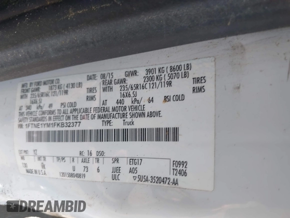 2015 Ford Transit Cargo with VIN 1FTNE1YM1FKB32377, listed as a IAAI auction lot 41976900 with 232,062 mi miles and . Bid and sale history available at DreamBid. Image 9.