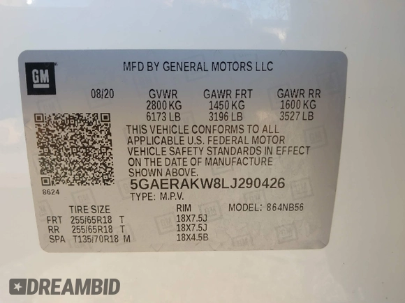 2020 Buick Enclave Preferred with VIN 5GAERAKW8LJ290426, listed as a IAAI auction lot 40563790 with 61,975 mi miles and . Bid and sale history available at carsss.com. Image 9.