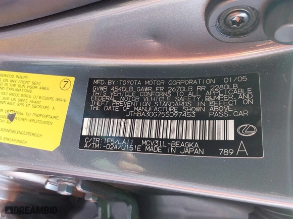 2005 Lexus ES 330 with VIN JTHBA30G755097453, listed as a IAAI auction lot 41422974 with 181960 miles. Bid and sale history available at carsss.com. Image 9.
