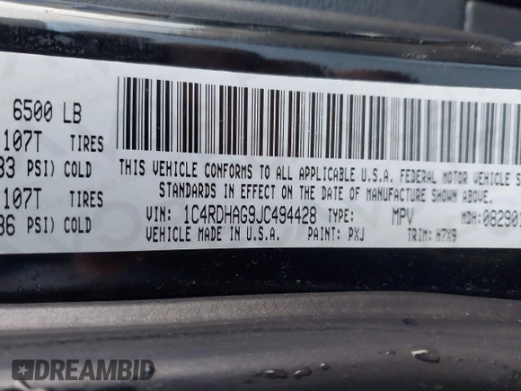 2018 Dodge Durango SXT with VIN 1C4RDHAG9JC494428, listed as a IAAI auction lot 41276083 with 121,453 mi miles and . Bid and sale history available at DreamBid. Image 9.