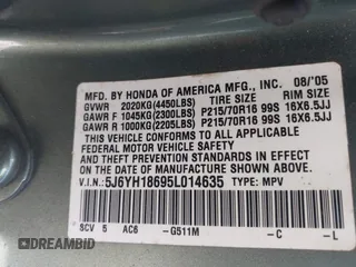 2005 Honda Element EX with VIN 5J6YH18695L014635, listed as a IAAI auction lot 42085372 with 219,649 mi miles and . Bid and sale history available at DreamBid. Image 9.