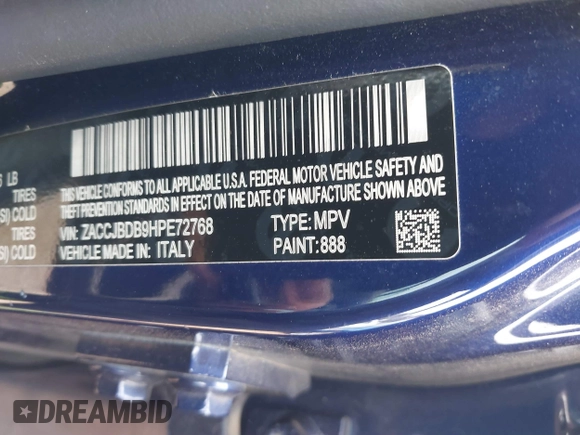2017 Jeep Renegade Limited with VIN ZACCJBDB9HPE72768, listed as a IAAI auction lot 41506030 with 93,657 mi miles and . Bid and sale history available at DreamBid. Image 9.