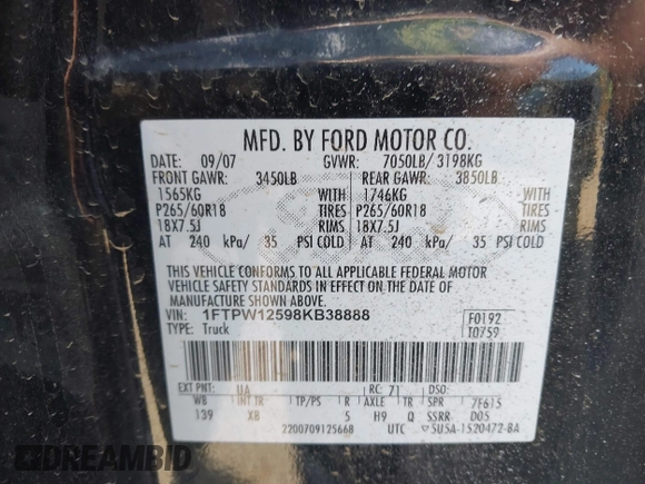 2008 Ford F-150 XLT с VIN 1FTPW12598KB38888, выставлен на аукционе IAAI как лот 41944022 с пробегом 165 865 миль миль и . История ставок и продаж доступна на DreamBid. Изображение 9.
