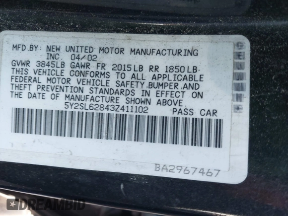 2003 Pontiac Vibe with VIN 5Y2SL62843Z411102, listed as a IAAI auction lot 42217570 with 261,427 mi miles. Bid and sale history available at carsss.com. Image 9.