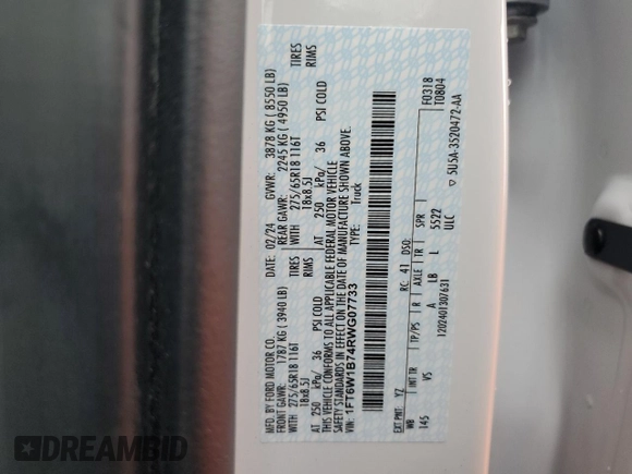 2024 Ford F-150 with VIN 1FT6W1B74RWG07733, listed as a Copart auction lot 59955795 with 5,935 mi miles and Clean title. Bid and sale history available at DreamBid. Image 12.