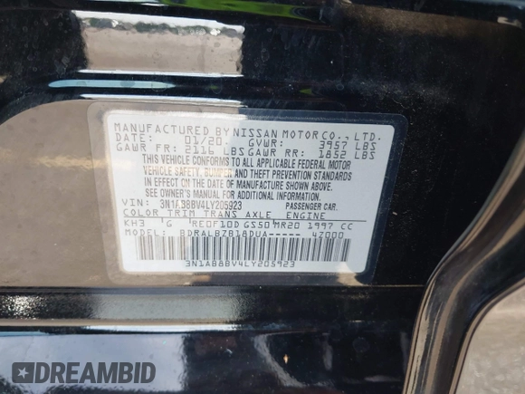 2020 Nissan Sentra S with VIN 3N1AB8BV4LY205923, listed as a IAAI auction lot 42060259 with 49,412 mi miles. Bid and sale history available at carsss.com. Image 9.