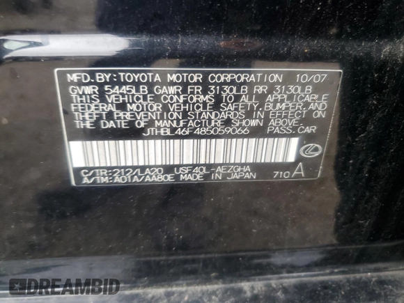 2008 Lexus LS 460 with VIN JTHBL46F485059066, listed as a Copart auction lot 64803835 with 198,520 mi miles and Salvage title. Bid and sale history available at DreamBid. Image 12.