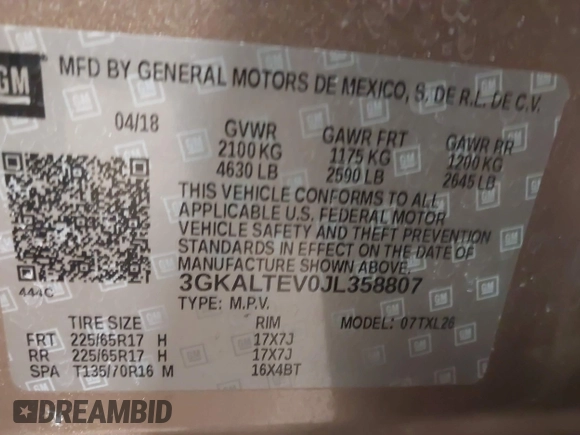 2018 GMC Terrain SLE with VIN 3GKALTEV0JL358807, listed as a IAAI auction lot 41455770 with 72,472 mi miles. Bid and sale history available at carsss.com. Image 9.