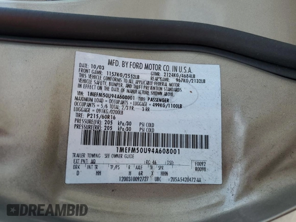 2004 Mercury Sable GS с VIN 1MEFM50U94A608001, выставлен на аукционе Copart как лот 62837895 с пробегом 80 439 миль миль и Списание • Salvage title. История ставок и продаж доступна на DreamBid. Изображение 12.