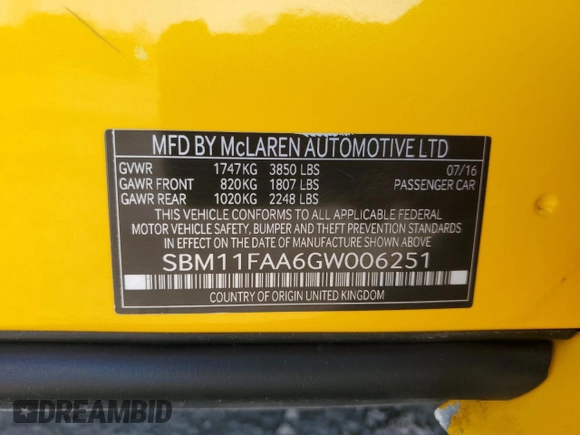 2016 McLaren 650S z VIN SBM11FAA6GW006251, wystawiony jako Copart lot #52177065 z przebiegiem 14 614 mil mil oraz Tytuł czysty. Historia ofert i sprzedaży dostępna na DreamBid. Obrazek 13.