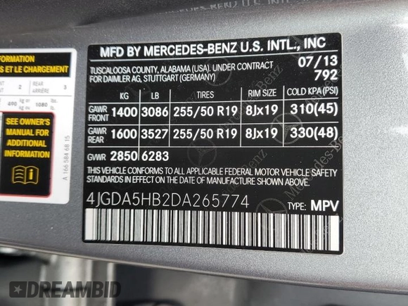 2013 Mercedes-Benz M 350 with VIN 4JGDA5HB2DA265774, listed as a Copart auction lot 62687405 with 85,734 mi miles and Salvage title. Bid and sale history available at DreamBid. Image 13.
