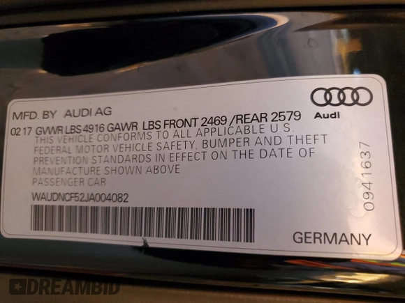 2018 Audi A5 Sportback Premium with VIN WAUDNCF52JA004082, listed as a Copart auction lot 87002474 with 84,790 mi miles and Salvage Title. Bid and sale history available at carsss.com. Image 14.