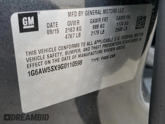 2016 Cadillac CTS AWD with VIN 1G6AW5SX9G0110598, listed as a Copart auction lot 54339975 with 50,218 mi miles and Salvage title. Bid and sale history available at DreamBid. Image 12.