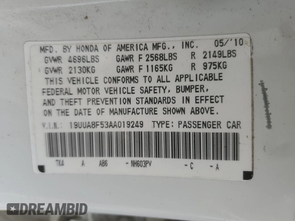 2010 Acura TL Technology z VIN 19UUA8F53AA019249, wystawiony jako Copart lot #59058305 z przebiegiem Nie podano mil oraz Szkoda całkowita • Salvage title. Historia ofert i sprzedaży dostępna na DreamBid. Obrazek 12.