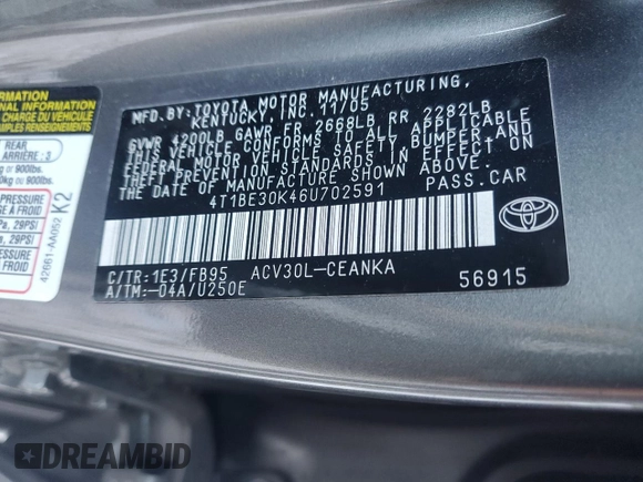 2006 Toyota Camry STD with VIN 4T1BE30K46U702591, listed as a Copart auction lot 88350565 with 116,916 mi miles and Salvage Title. Bid and sale history available at carsss.com. Image 14.