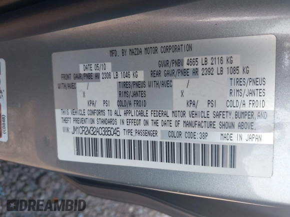 2010 Mazda 5 Sport with VIN JM1CR2W32A0385045, listed as a IAAI auction lot 42451448 with 127,762 mi miles and . Bid and sale history available at DreamBid. Image 9.