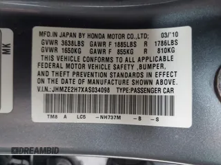 2010 Honda Insight EX with VIN JHMZE2H7XAS034098, listed as a IAAI auction lot 41939869 with 281,689 mi miles and . Bid and sale history available at DreamBid. Image 9.