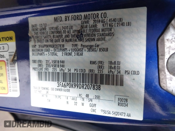 2013 Ford Fusion Titanium with VIN 3FA6P0K99DR207838, listed as a IAAI auction lot 42625905 with 221,730 mi miles and . Bid and sale history available at DreamBid. Image 9.