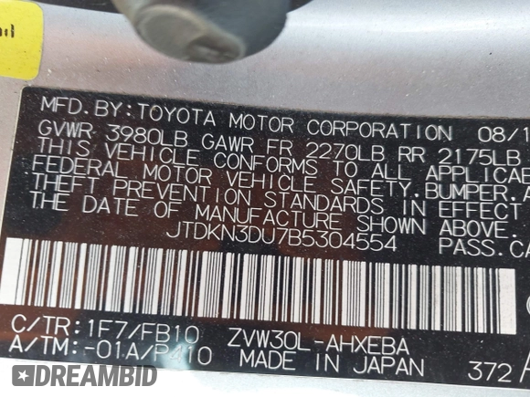2011 Toyota Prius I with VIN JTDKN3DU7B5304554, listed as a IAAI auction lot 42099196 with 198,068 mi miles. Bid and sale history available at carsss.com. Image 9.