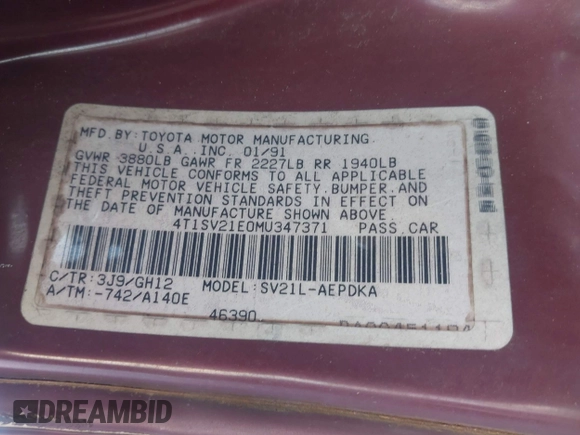 1991 Toyota Camry DLX z VIN 4T1SV21E0MU347371, wystawiony jako IAAI lot #42048695 z przebiegiem 209 451 mil mil oraz . Historia ofert i sprzedaży dostępna na DreamBid. Obrazek 9.