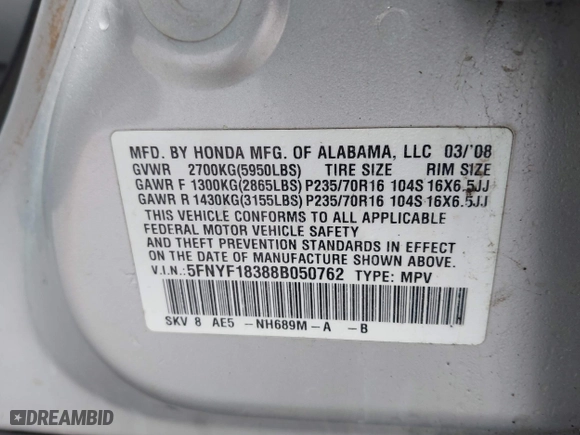 2008 Honda Pilot SE with VIN 5FNYF18388B050762, listed as a IAAI auction lot 41735234 with 184,245 mi miles. Bid and sale history available at carsss.com. Image 9.