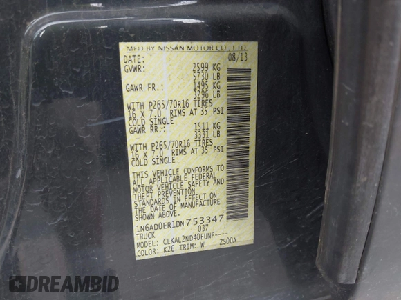 2013 Nissan Frontier SL with VIN 1N6AD0ER1DN753347, listed as a IAAI auction lot 42306948 with 96,371 mi miles and . Bid and sale history available at DreamBid. Image 9.