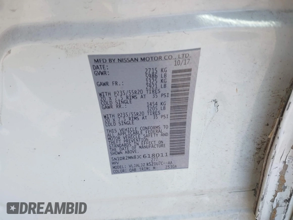 2018 Nissan Pathfinder SV with VIN 5N1DR2MN8JC618011, listed as a IAAI auction lot 41482884 with 113,915 mi miles. Bid and sale history available at carsss.com. Image 9.