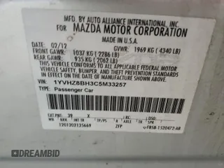 2012 Mazda 6 i Sport with VIN 1YVHZ8BH3C5M33257, listed as a Copart auction lot 56975445 with Not provided miles and Salvage title. Bid and sale history available at DreamBid. Image 12.
