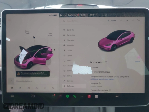 2023 Tesla Model 3 with VIN 5YJ3E1EA7PF473749, listed as a IAAI auction lot 41921478 with 21,483 mi miles and . Bid and sale history available at DreamBid. Image 7.