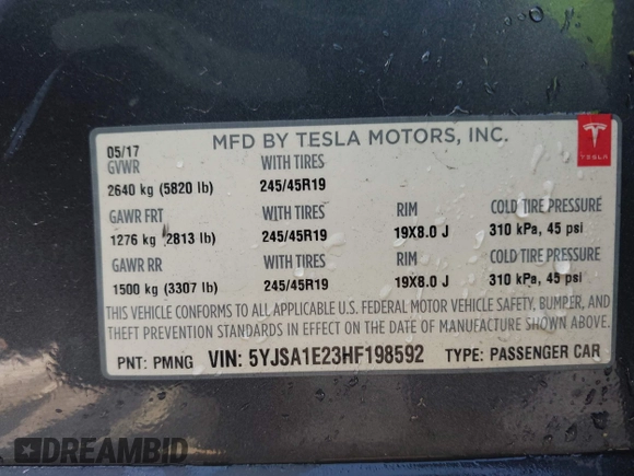 2017 Tesla Model S 100D with VIN 5YJSA1E23HF198592, listed as a IAAI auction lot 41721755 with 127,946 mi miles. Bid and sale history available at carsss.com. Image 9.