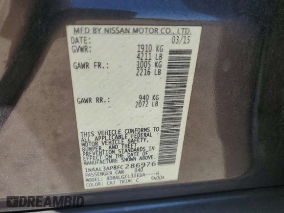 2015 Nissan Altima SL z VIN 1N4AL3AP8FC286976, wystawiony jako Copart lot #46260965 z przebiegiem 104 488 mil mil oraz Szkoda całkowita • Salvage title. Historia ofert i sprzedaży dostępna na DreamBid. Obrazek 13.
