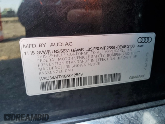 2016 Audi A8 3.0T with VIN WAU34AFD4GN012549, listed as a Copart auction lot 51053755 with 85,501 mi miles and Non repairable. Bid and sale history available at DreamBid. Image 12.