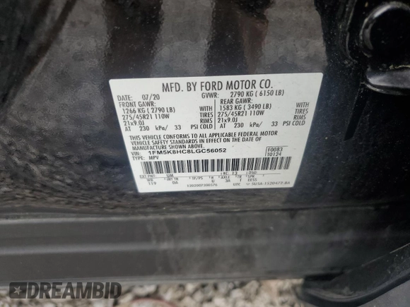 2020 Ford Explorer Platinum z VIN 1FM5K8HC8LGC56052, wystawiony jako Copart lot #61218365 z przebiegiem 35 435 mil mil oraz Szkoda całkowita • Salvage title. Historia ofert i sprzedaży dostępna na DreamBid. Obrazek 13.