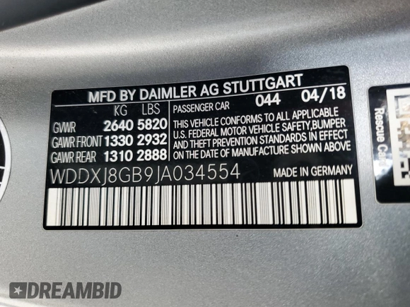2018 Mercedes-Benz S-Class S 560 with VIN WDDXJ8GB9JA034554, listed as a Copart auction lot 51019884 with 0 mi miles and Non Repairable. Bid and sale history available at carsss.com. Image 15.