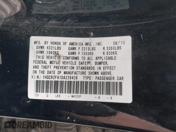 2013 Honda Accord EX-L with VIN 1HGCR2F81DA239439, listed as a IAAI auction lot 41454030 with 148,394 mi miles and . Bid and sale history available at DreamBid. Image 9.
