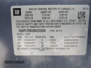 2013 GMC Terrain SLE with VIN 2GKFLTEK5D6293036, listed as a IAAI auction lot 41777350 with 191,976 mi miles. Bid and sale history available at carsss.com. Image 9.