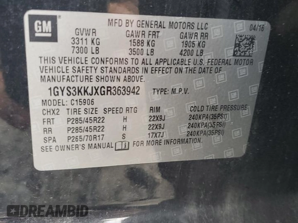 2016 Cadillac Escalade ESV Platinum z VIN 1GYS3KKJXGR363942, wystawiony jako Copart lot #61823675 z przebiegiem 132 959 mil mil oraz Szkoda całkowita • Salvage title. Historia ofert i sprzedaży dostępna na DreamBid. Obrazek 13.