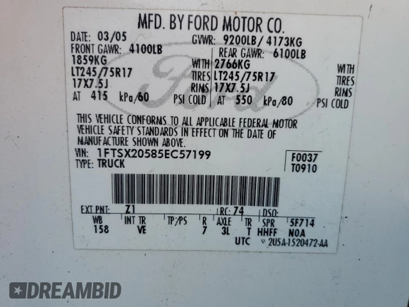2005 Ford Super Duty F-250 XL with VIN 1FTSX20585EC57199, listed as a Copart auction lot 82987014 with 95,873 mi miles and Salvage Title. Bid and sale history available at carsss.com. Image 12.
