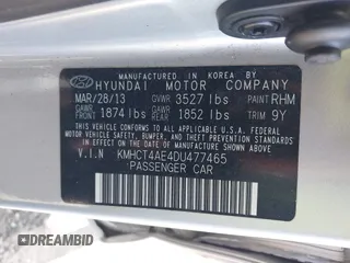 2013 Hyundai Accent GLS with VIN KMHCT4AE4DU477465, listed as a IAAI auction lot 41930256 with 48,877 mi miles and . Bid and sale history available at carsss.com. Image 9.